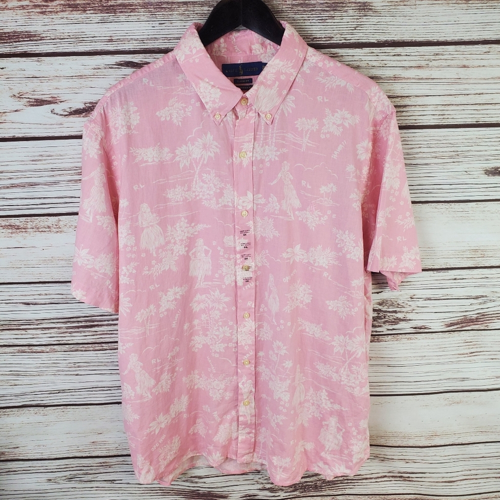 Ralph Lauren Mens XXL Linen Blend Hawaiian Button-Down Shirt Pink Short Sleeve